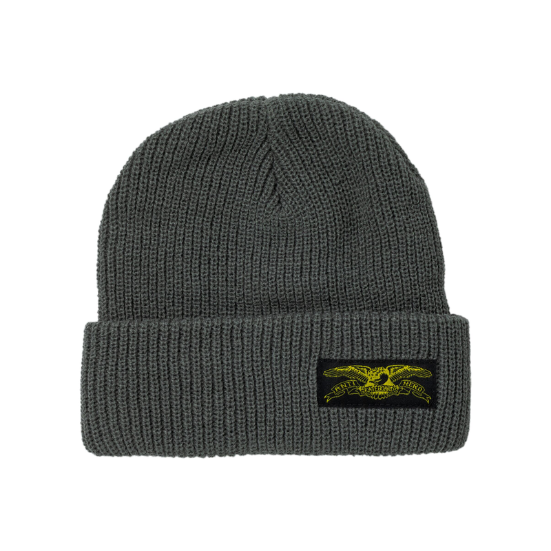 Découvrez le bonnet de skate Antihero Stock Eagle Label Charcoal Yellow avec patch Basic Eagle tissé et construction 100 % acryl