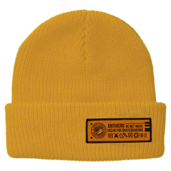 Découvrez le bonnet de skate Antihero Hecho Por Skateboarding Yellow Orange avec étiquette tissée originale et construction 100 